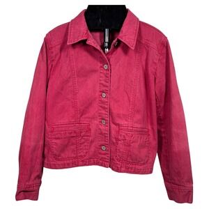 Chico's Platinum Denim Jacket Women Size 2 Pink Button Front Stretch Jean Cotton